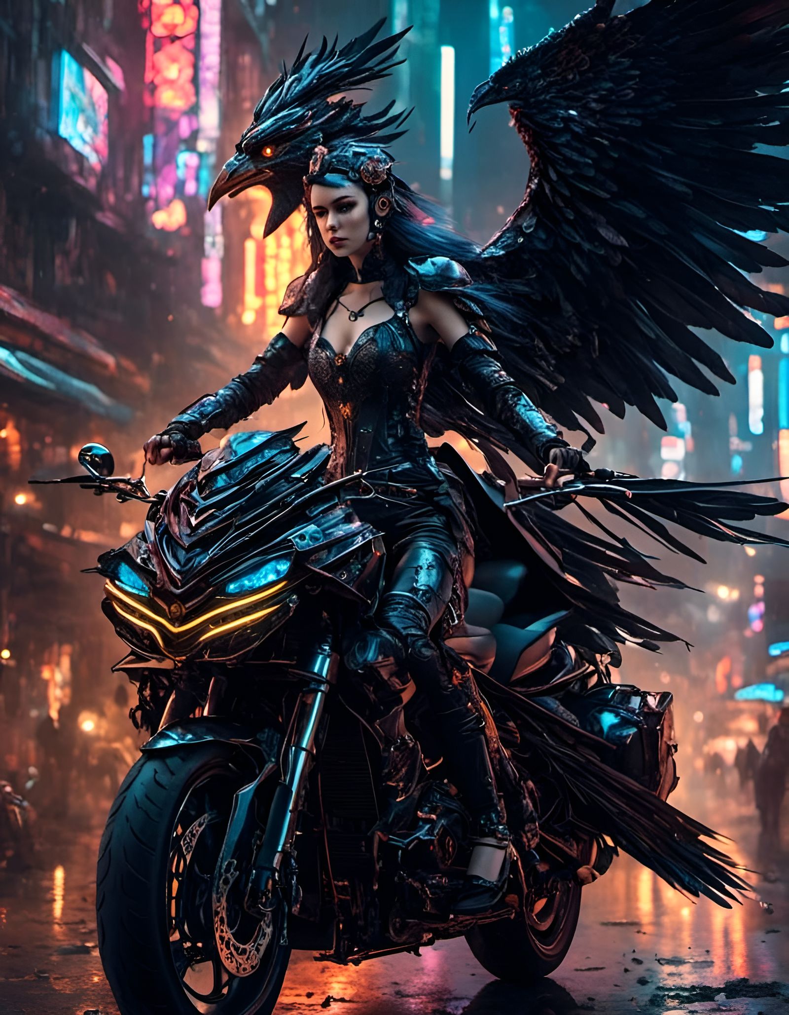 <lora:Dark fantasy:1.0> <lora:NC Hyperreal:1.0> Large anodized black raven with dragon wings being rode by a beautiful c...