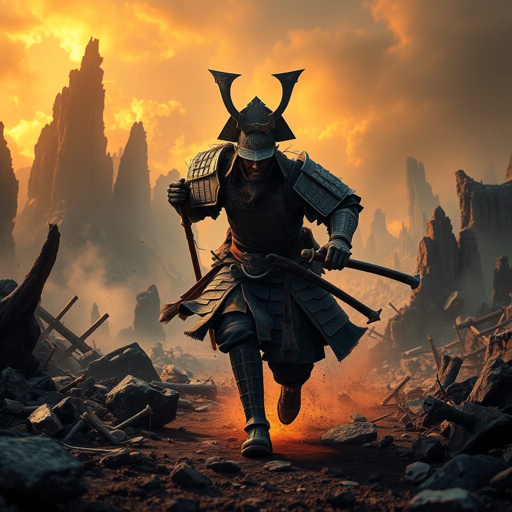 Epic Samurai Warrior Charges Through a Fantasy Battlefield