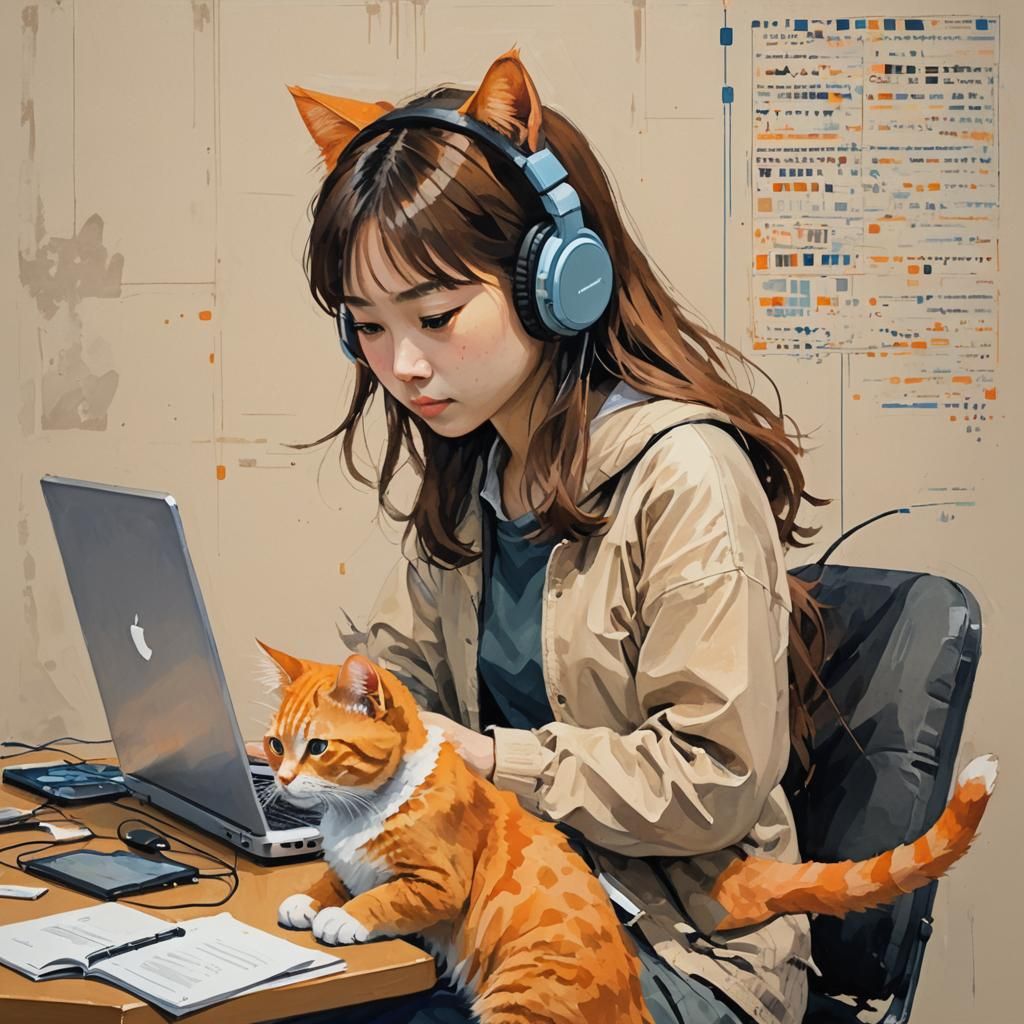 Girl Coding with Cat, Impressionism Style