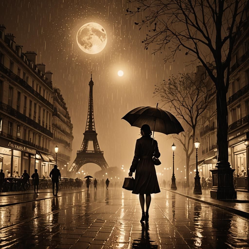 Rainy Night in Paris: Sepia Silhouette Illustration