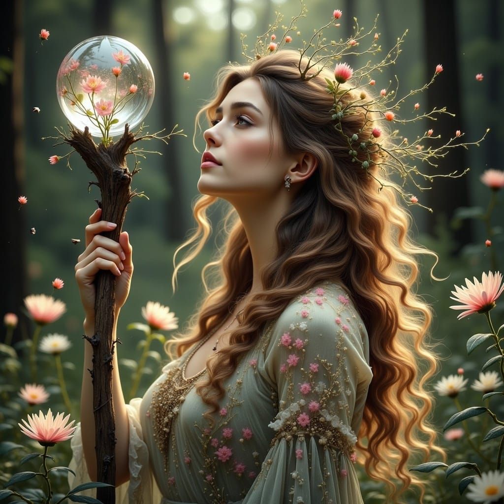 Enchanted Goddess with Shifting Silk Gown and Staff of Ancie...