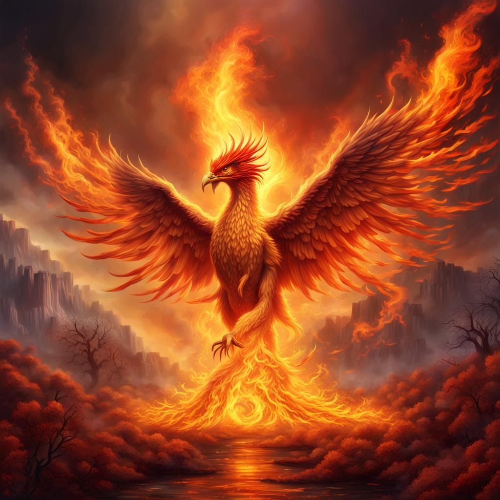 Phoenix Rising in a Fiery Landscape