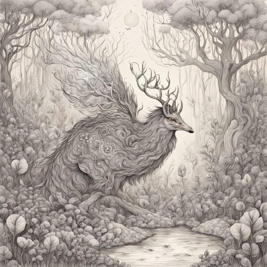 Mystical Forest Creature in Ink Drawing Style