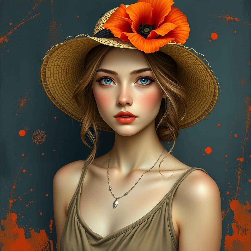 Ethereal Woman in Poppy Hat with Surreal Splatters