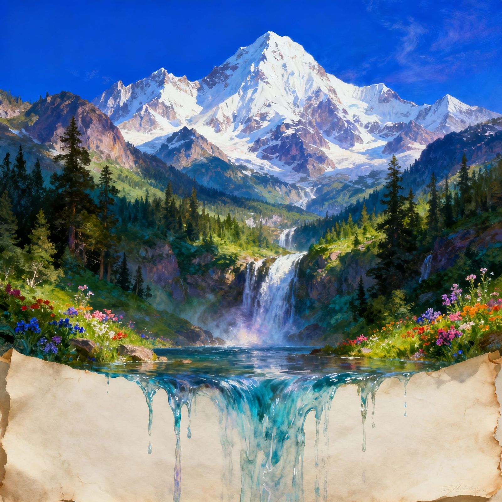 Ethereal Mountain Landscape Emerges from Pouring Water