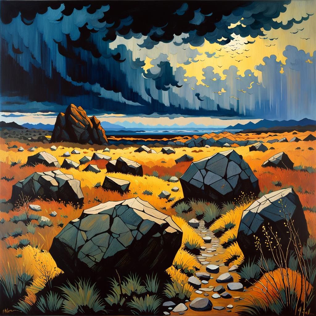 Dramatic Heath Landscape with Boulders and Storm Clouds