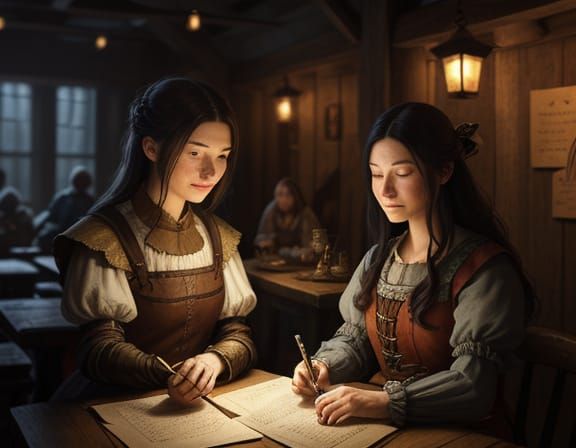 Fantasy Scribes in Cozy Tavern Setting