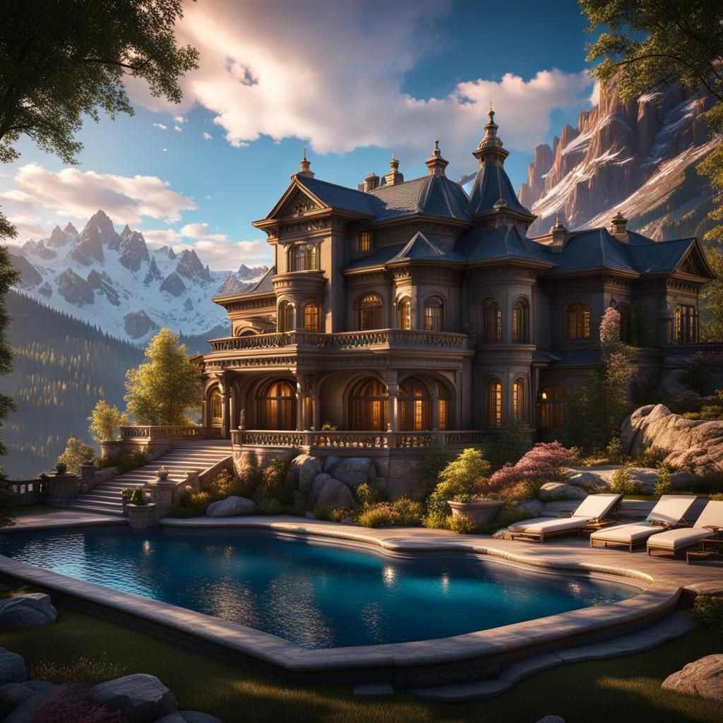 Rocky Mountain Mansion with Pool, Fantasy Concept Art