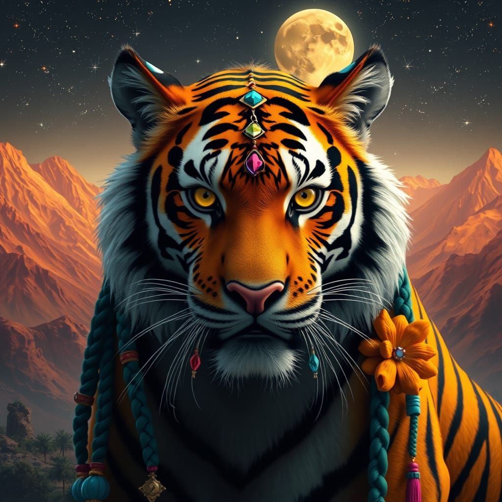 Surreal Tiger in Regal Splendor with Vibrant Gemstones and M...