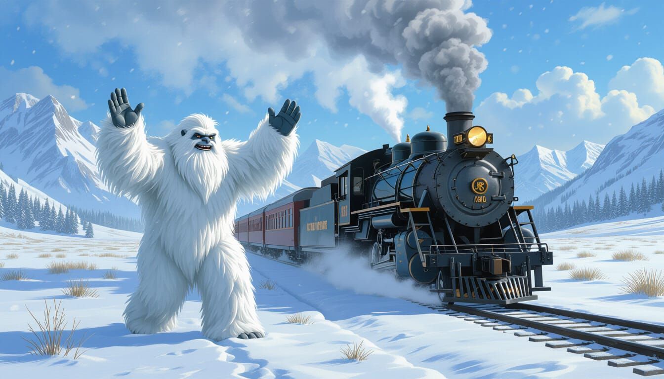 Yeti Greets Steam Train in Snowy Prairie Landscape