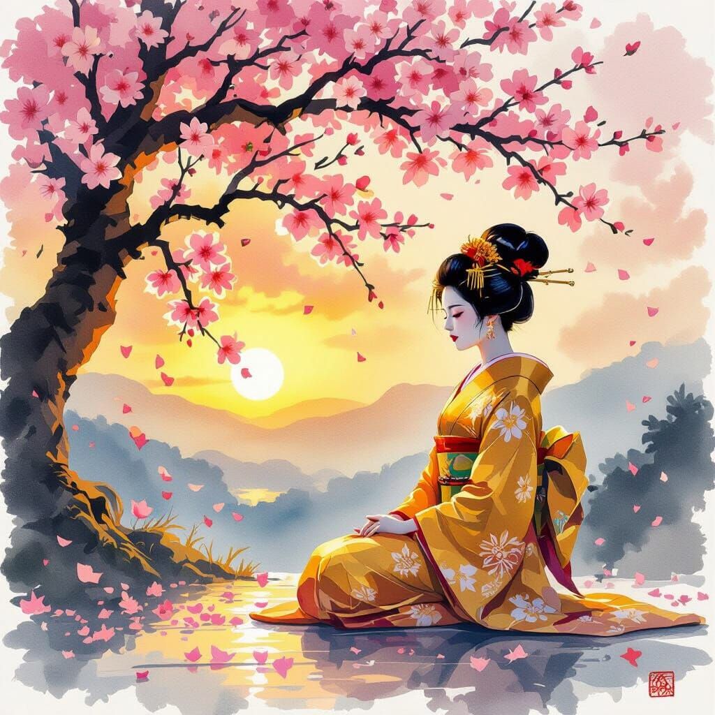Geisha Meditating Under Cherry Blossoms at Sunset