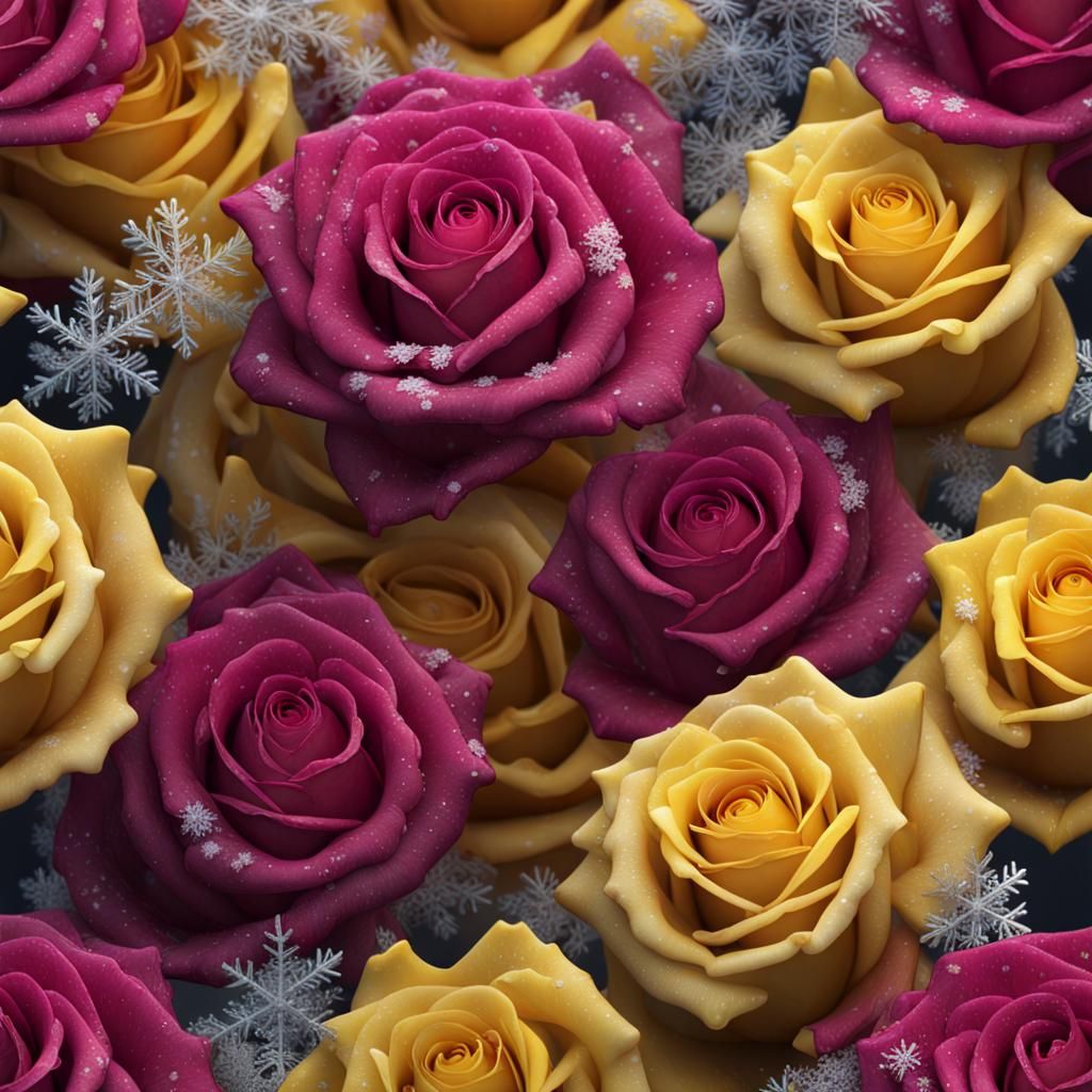 Hyperrealistic Macro Roses with Snowflakes