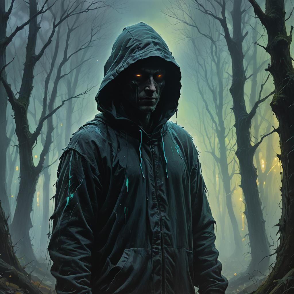 Mysterious Hooded Figure in Eerie Forest
