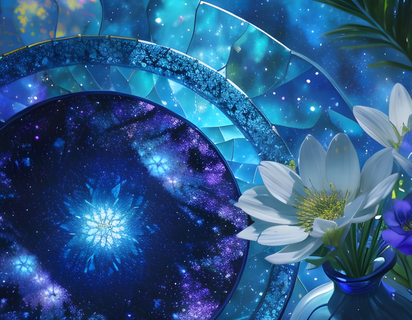 Galaxy Flowers in Etched Blue Glass