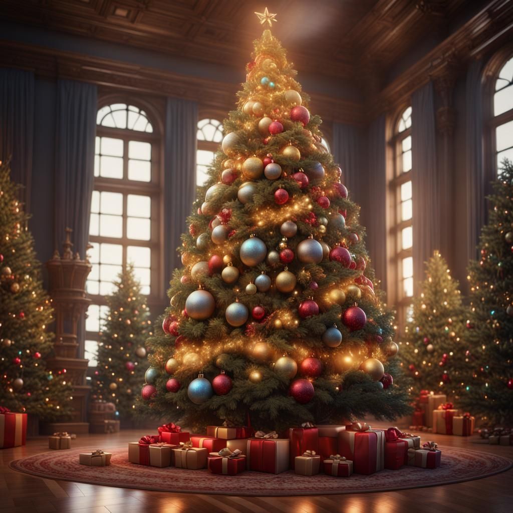 Detailed Christmas Tree with Lights and Ornaments