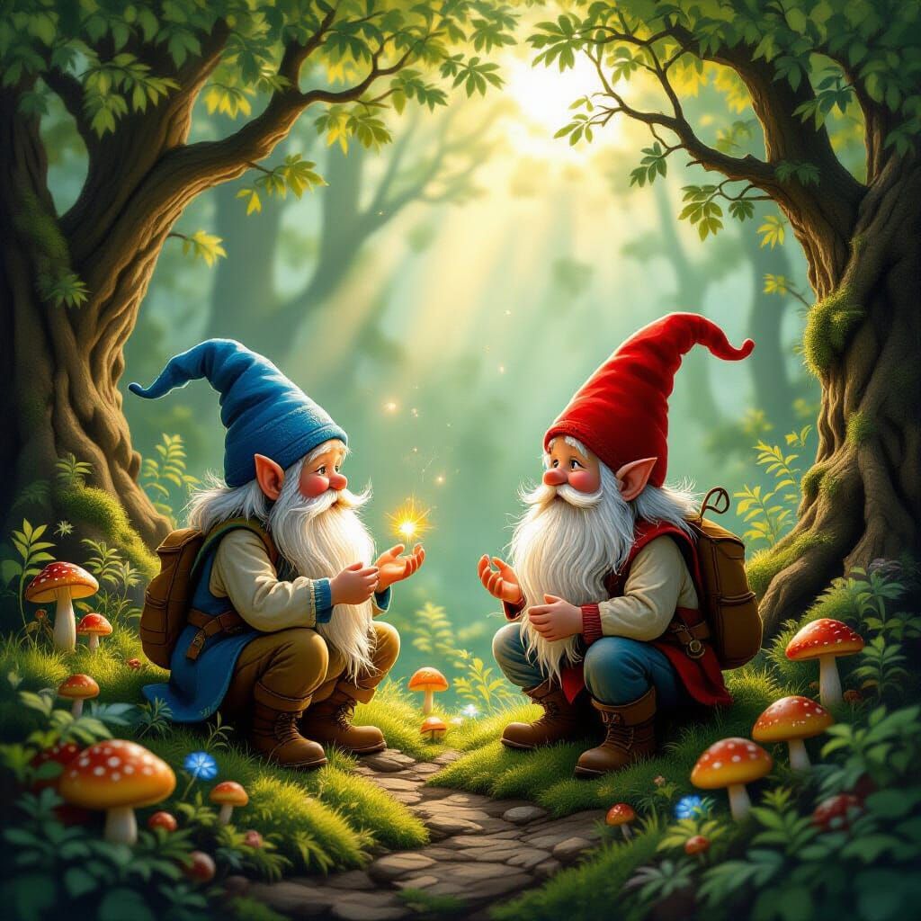 Magical Fairies and Gnomes in Ethereal Forest Light