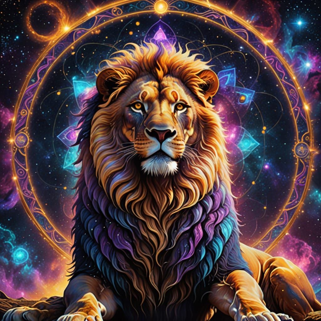 Majestic Lion Meditating in Cosmic Galaxy