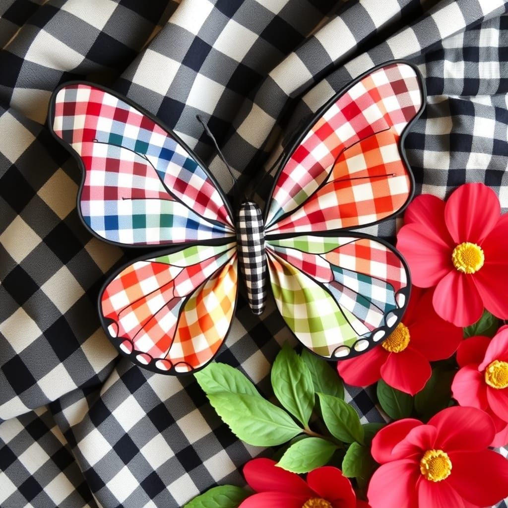Vibrant Gingham Butterfly in Mixed Media Art