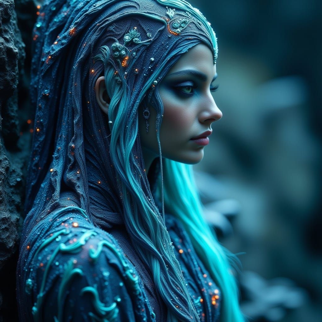 Ethereal Water Nymph in Dark, Vibrant Hues