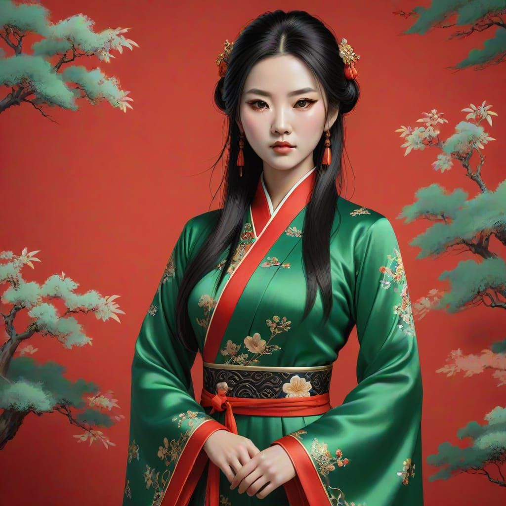 Ancient Chinese Goddess in Green Dress, Red Background