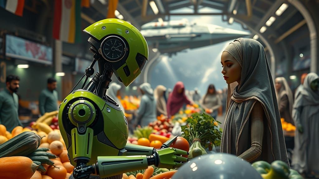 Photorealistic Robot in Arab Market with Aliens