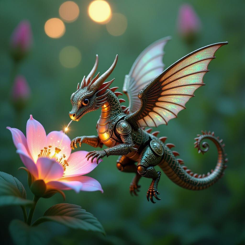 Clockwork Dragon in Bioluminescent Garden: Steampunk Fantasy...