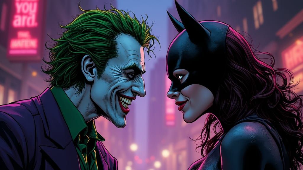 Joker and Catwoman Confrontation in Gritty Gotham