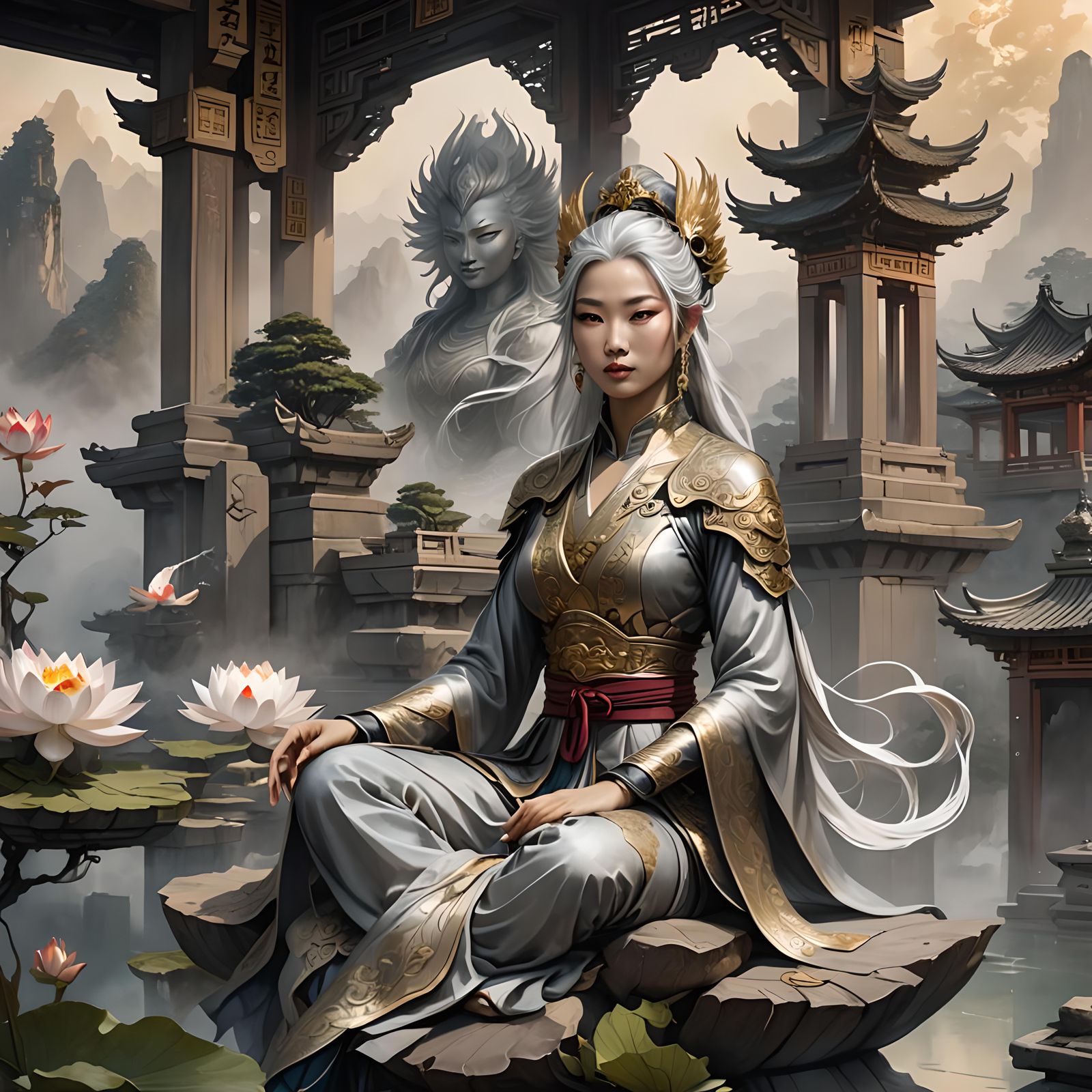 Phoenix Princess Warrior Meditating in Ancient Chinese Drawi...