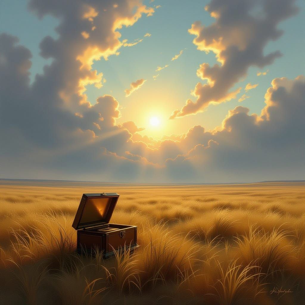 Golden Sunbeam on Ethereal Prairie with Antique Music Box