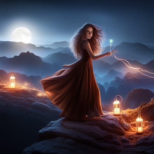 Gothic Girl with Fairy Lights: Fantasy Art
