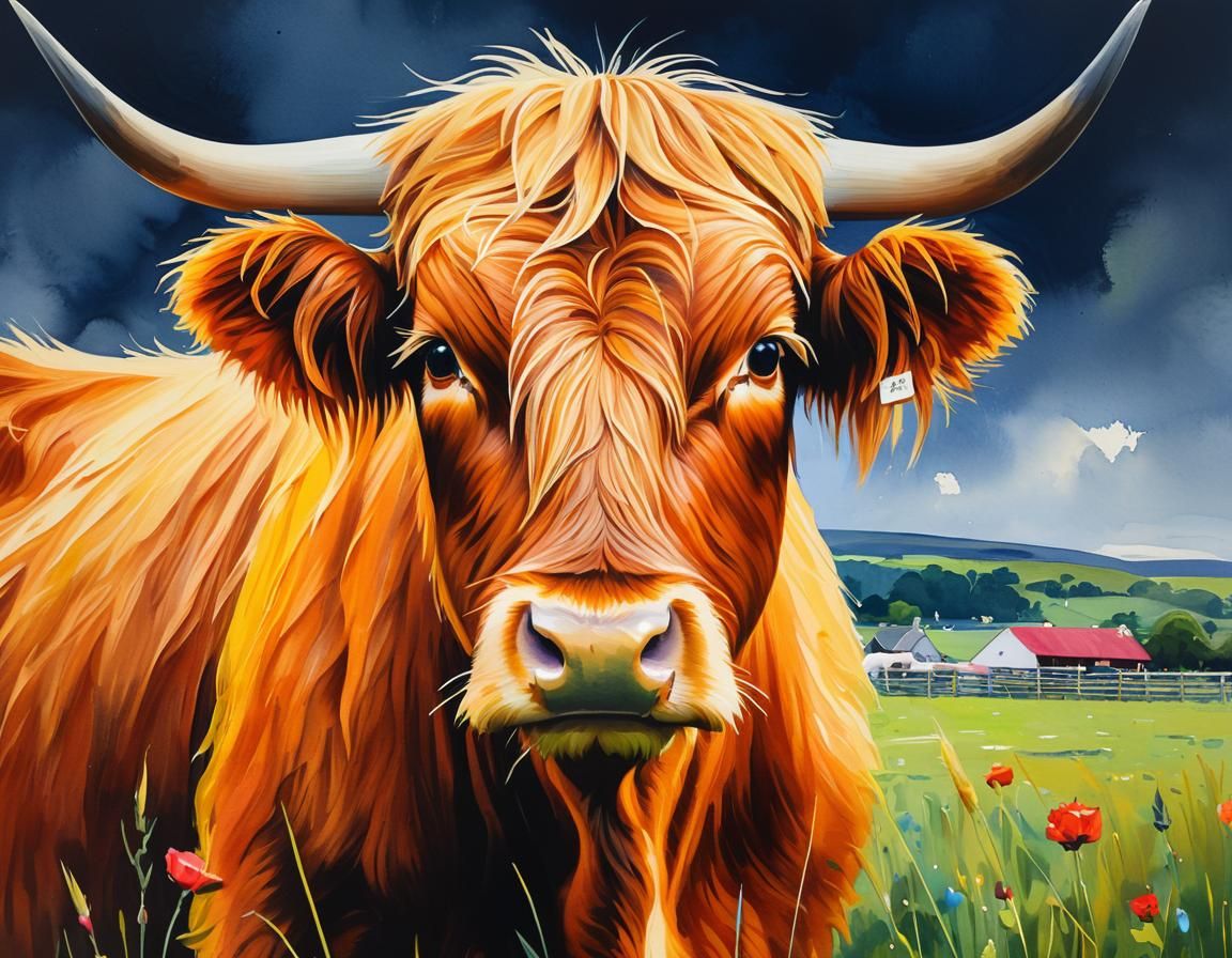 Prize-Winning Highland Cow in Gouache Style