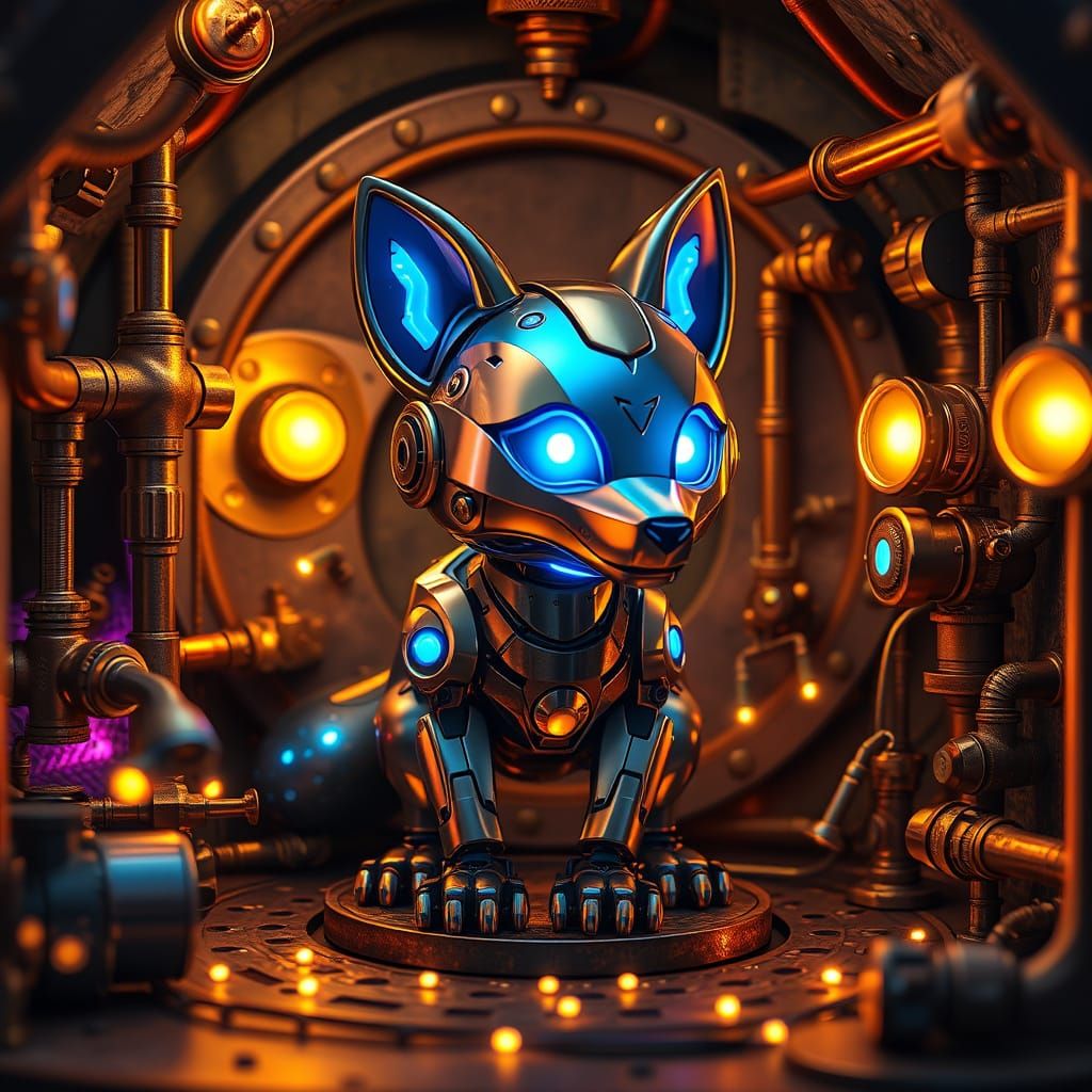 Whimsical Robot Wolf in Enchanted Copper Home