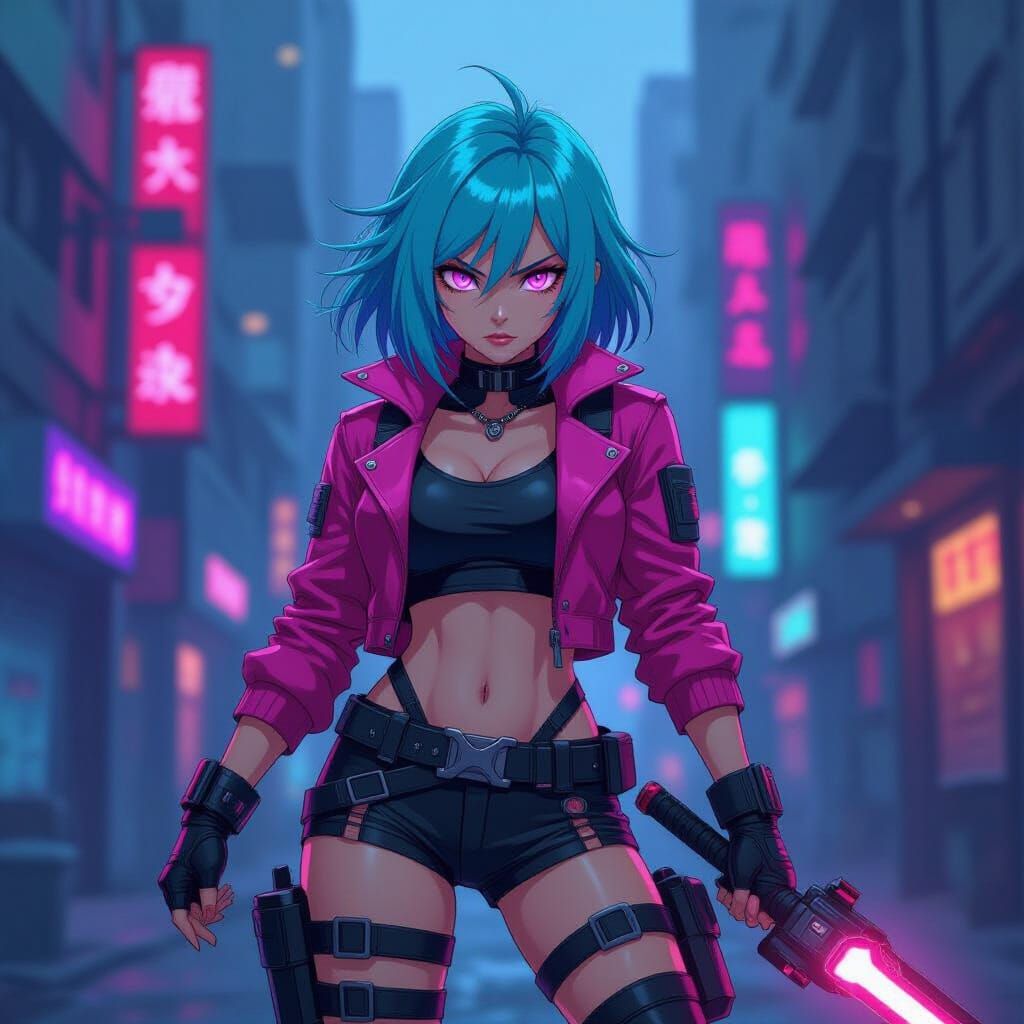 Cyberpunk Warrior in Ruined City, Studio Trigger Anime Style