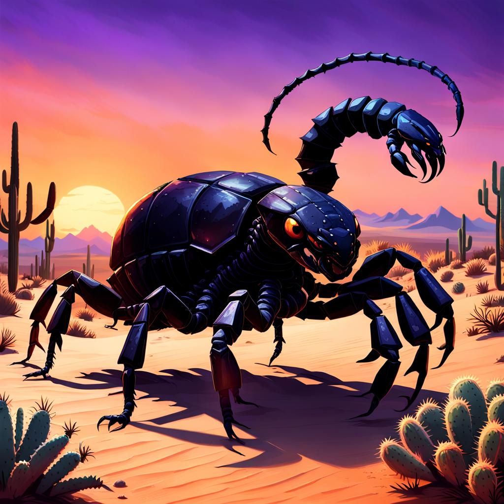 Giant Scorpion Silhouette at Desert Dusk in 3D