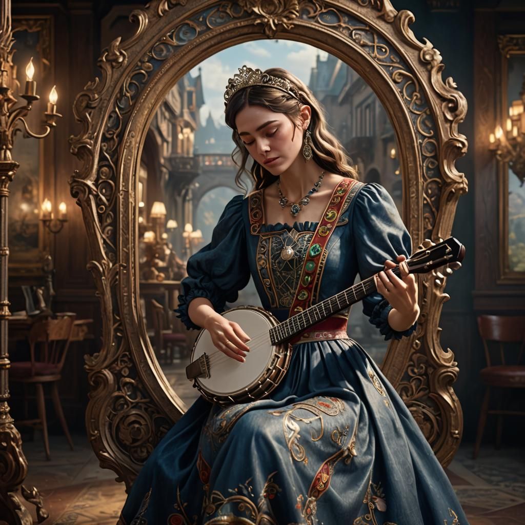 Elegant Woman Plays Banjo in Fantasy Art Style