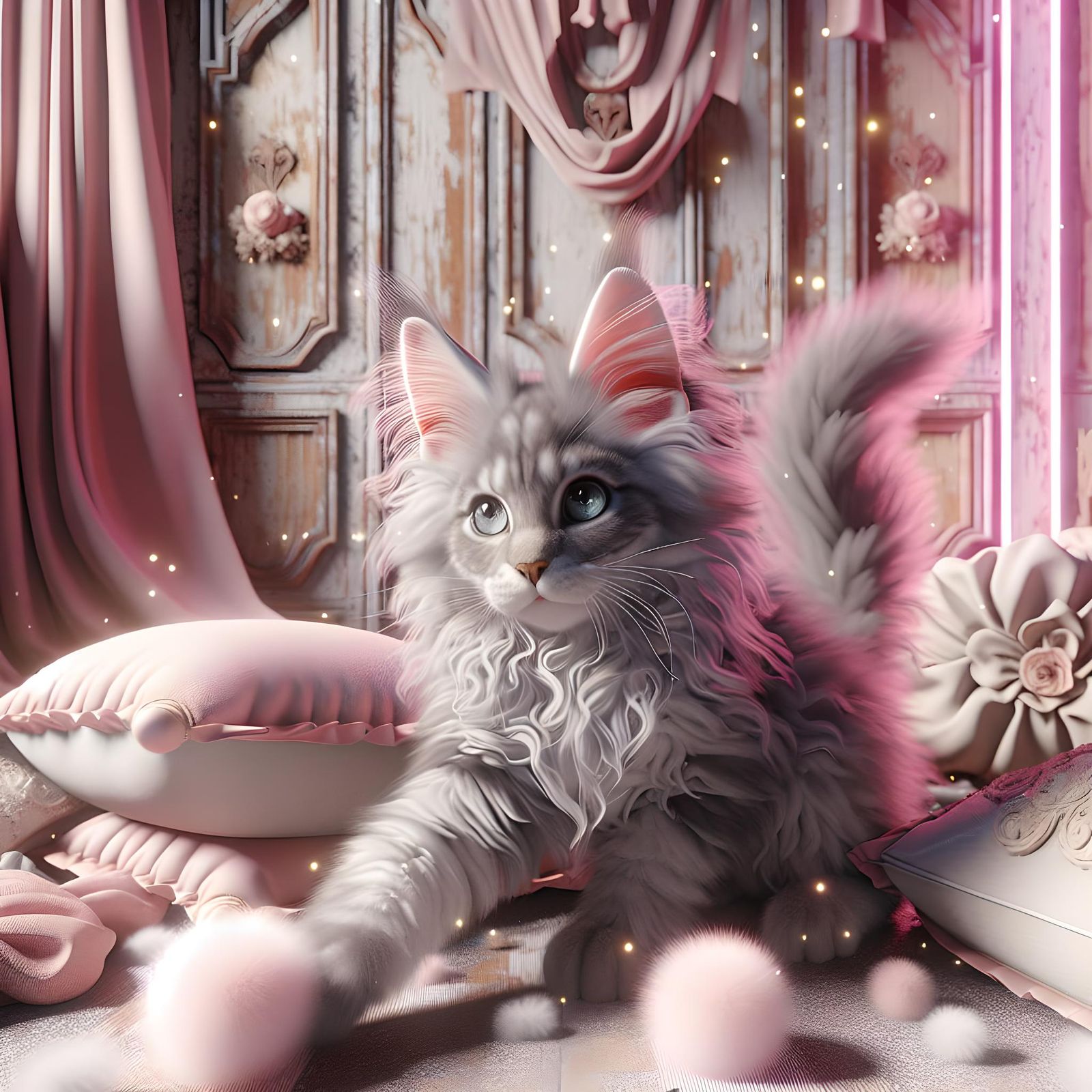 Grey Kitten's Cyberpunk Playtime in Ethereal Room