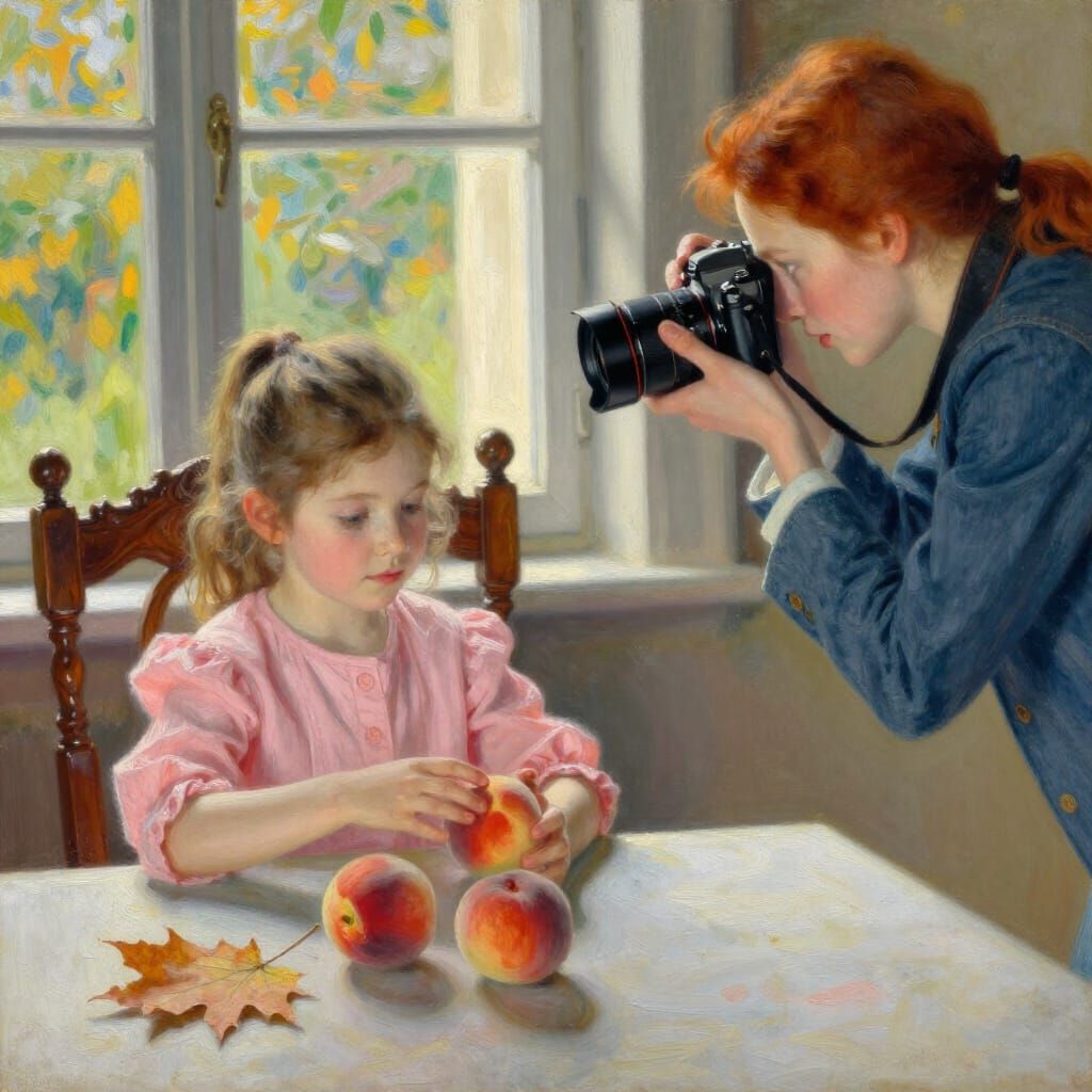Girl Touches Peach, Redhead Photographs Her in Impressionist...