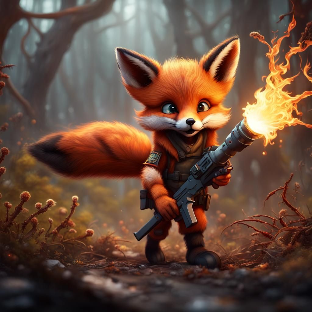 Fox Cub Defends Against Spiders with Flamethrower
