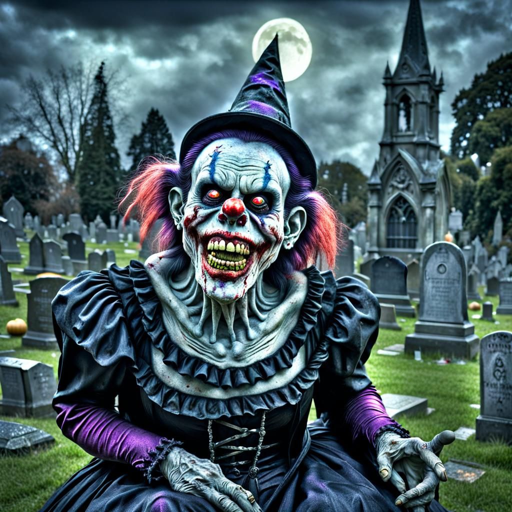 Zombie Monkey Monster Clown Witch in Graveyard