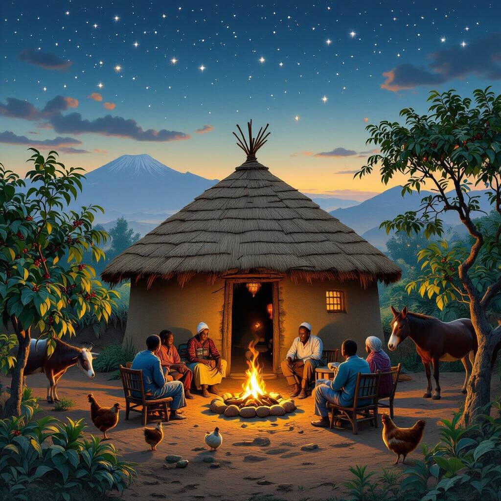 Ethiopian Village at Night in Hyperrealistic Style