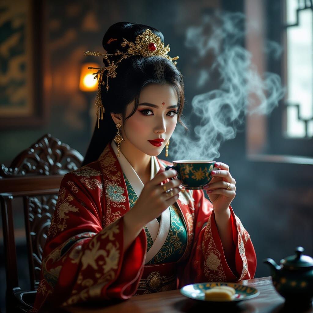 Ornate Dragon Lady Blowing Tea in Cinematic Style
