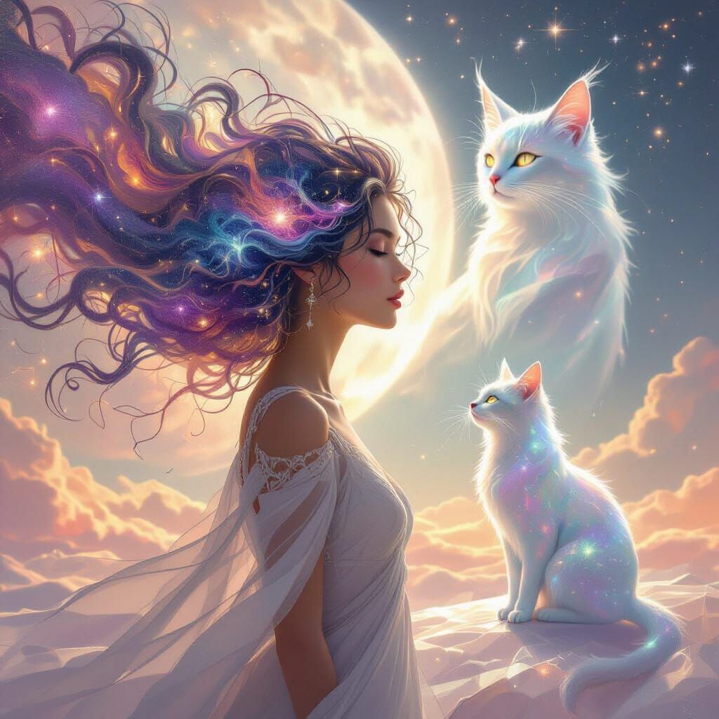 Cosmic Woman with Nebulae Hair and Stardust Cat
