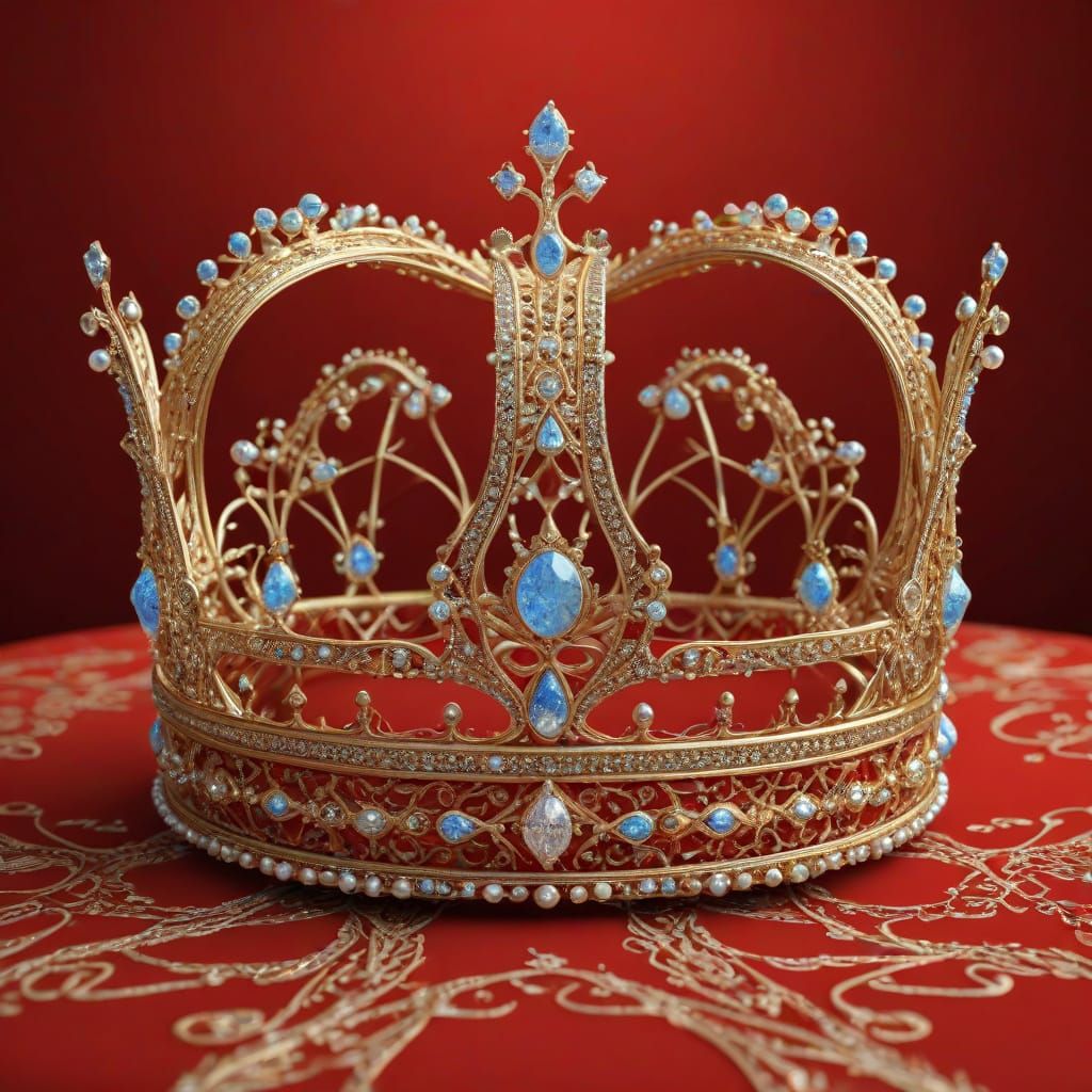 Opulent Gold Crown with Jewels on Velvet Cushion