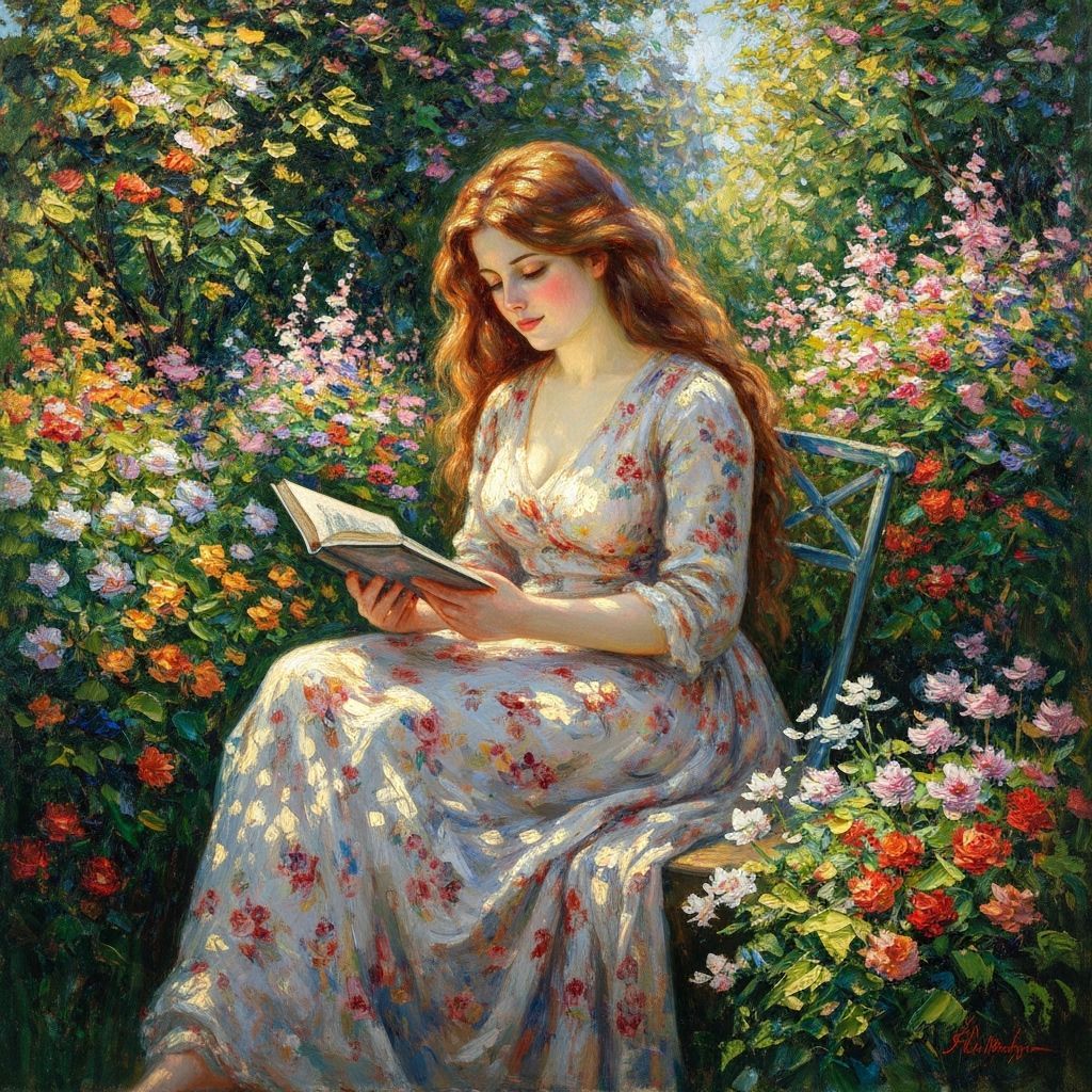 Woman Reading in Garden as Impressionist Oil Painting