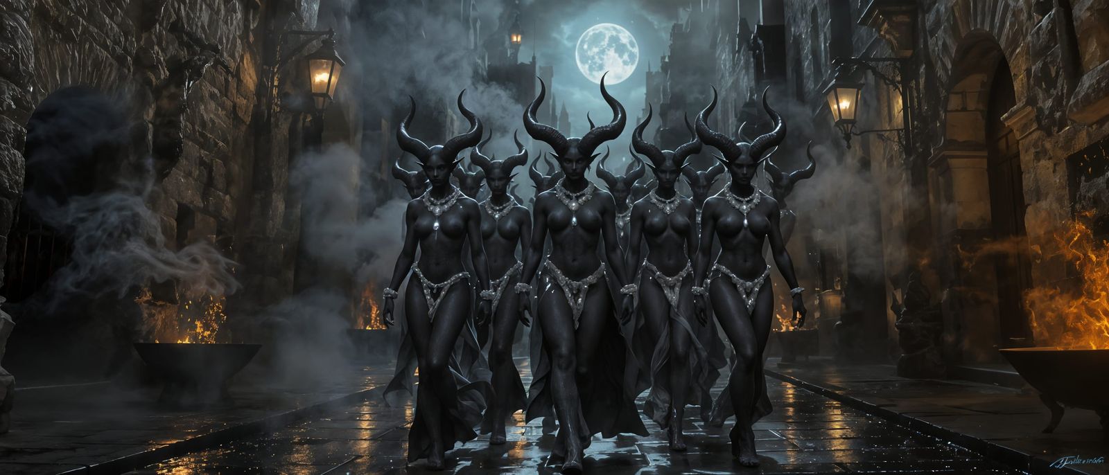 Elegant Succubi and Incubi in Dark Fantasy Medieval City