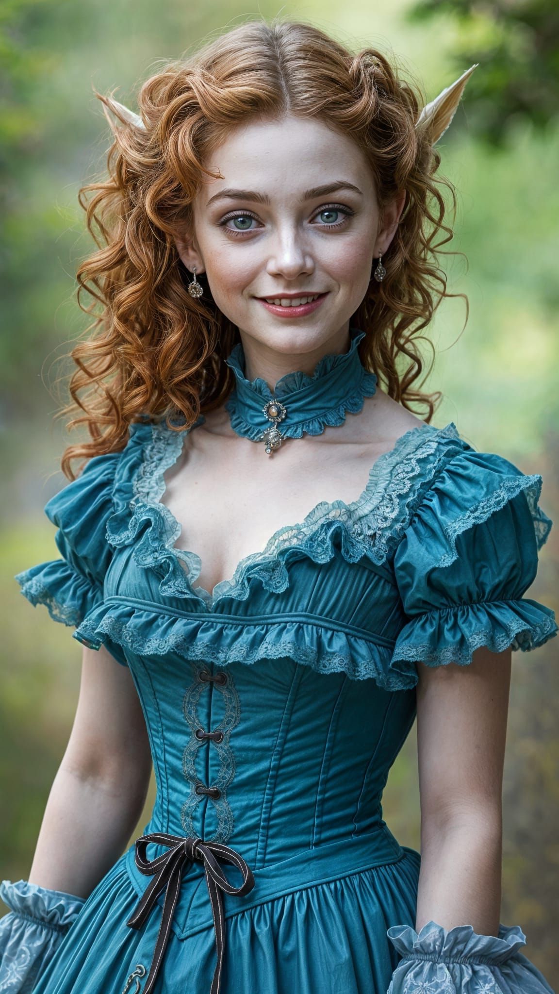 Victorian era female elf with pale skin and smiling with a beautiful face and long medium ginger curly hair and wearing ...