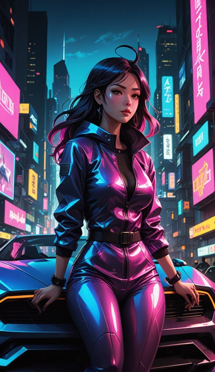 Vibrant Woman Sits on Futuristic Car in Cyberpunk Cityscape