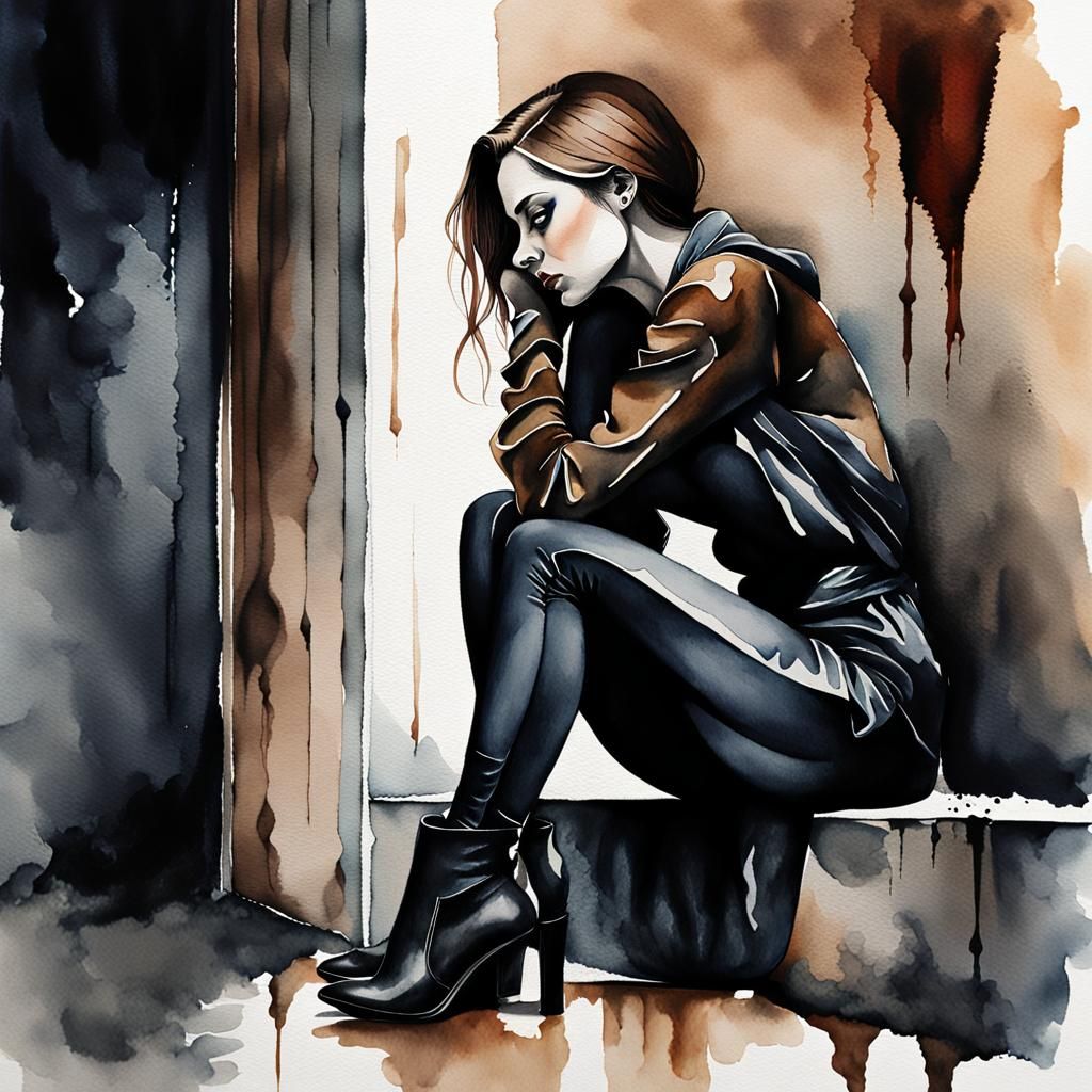 Gothic Surrealism: Woman's Grief in Watercolor