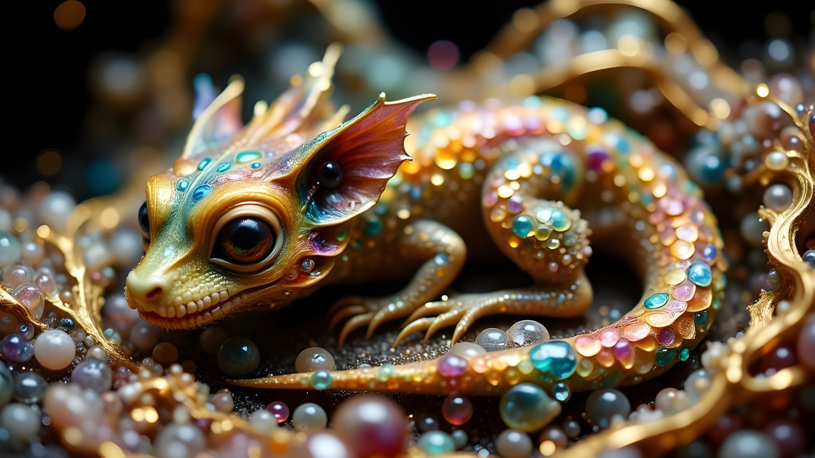 Sleeping Baby Dragon on Jewels in Hyper-Realistic Style