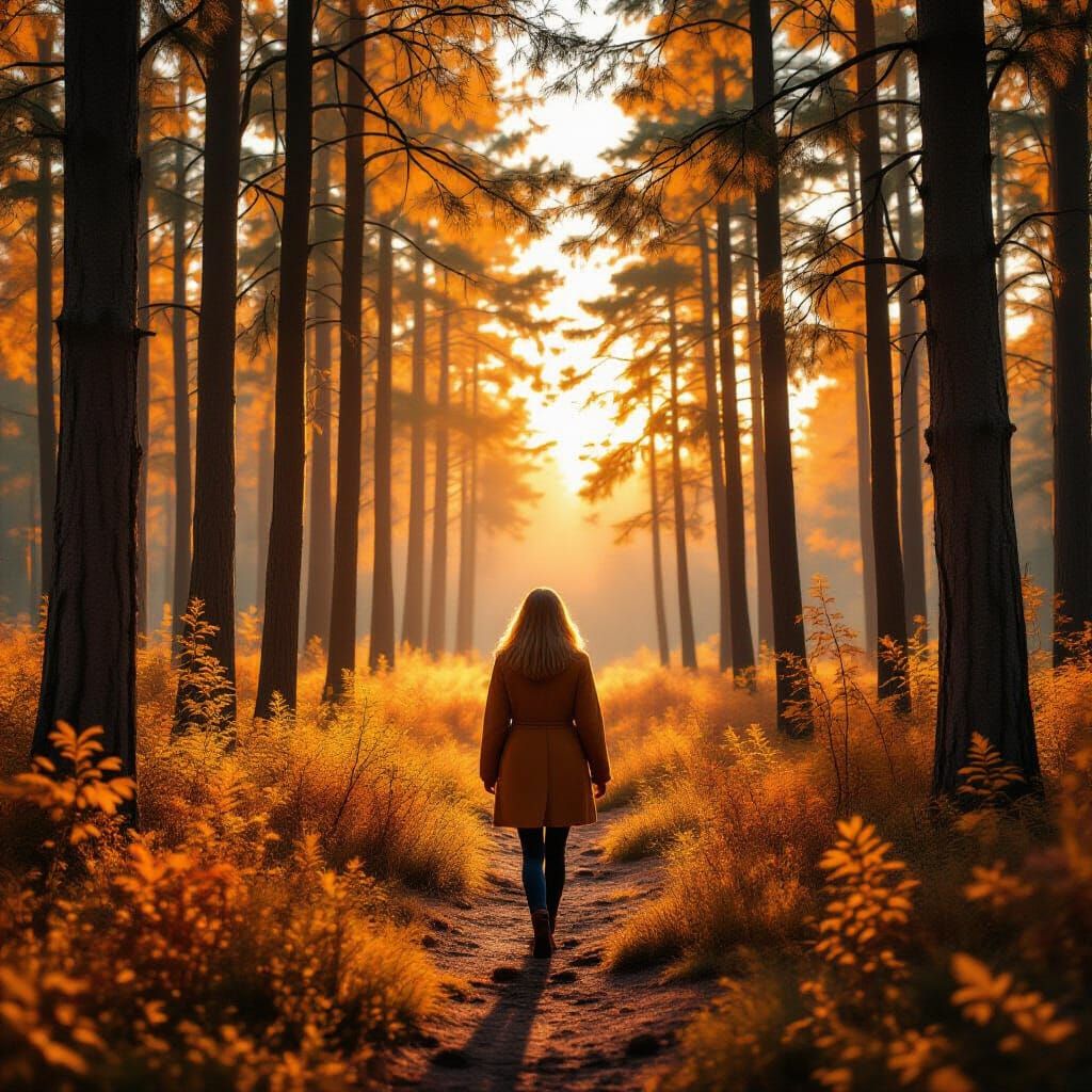 Woman in Golden Hour Forest with Sunrays
